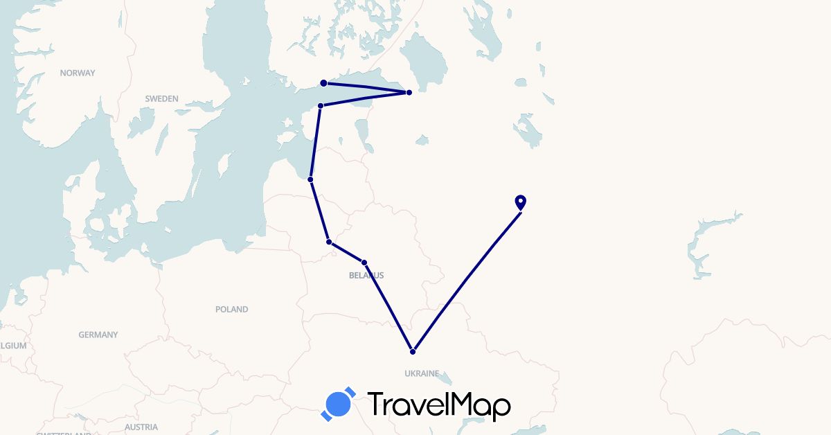TravelMap itinerary: driving in Belarus, Estonia, Finland, Lithuania, Latvia, Russia, Ukraine (Europe)