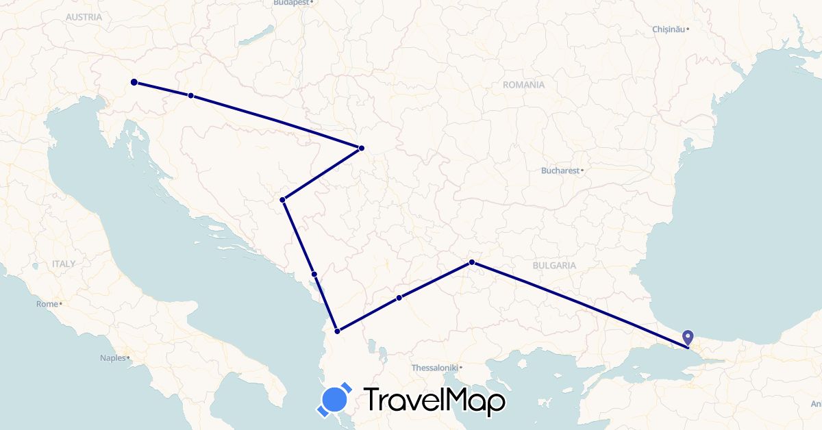 TravelMap itinerary: driving in Albania, Bosnia and Herzegovina, Bulgaria, Croatia, Montenegro, Macedonia, Serbia, Slovenia, Turkey (Asia, Europe)