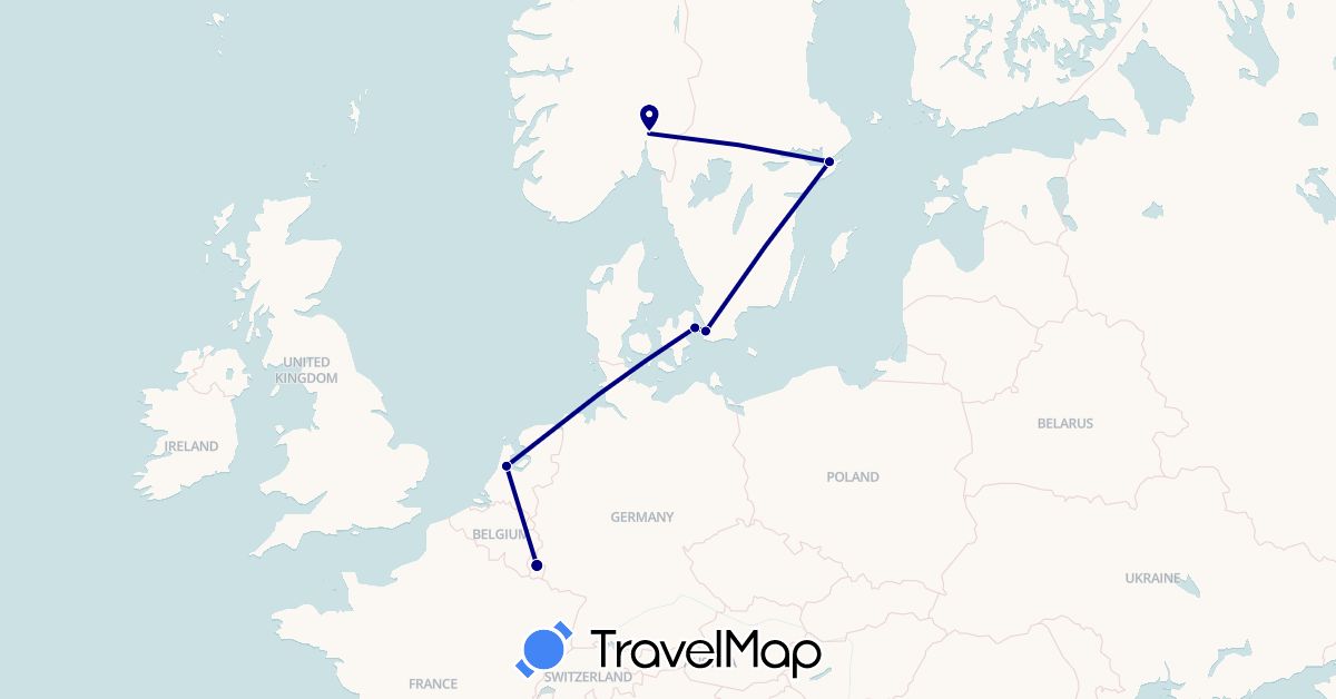 TravelMap itinerary: driving in Denmark, Luxembourg, Netherlands, Norway, Sweden (Europe)